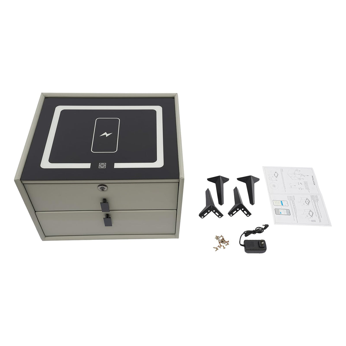 Light Gray Solid Wood Nightstand with Charging Station and 2 Drawers N20469