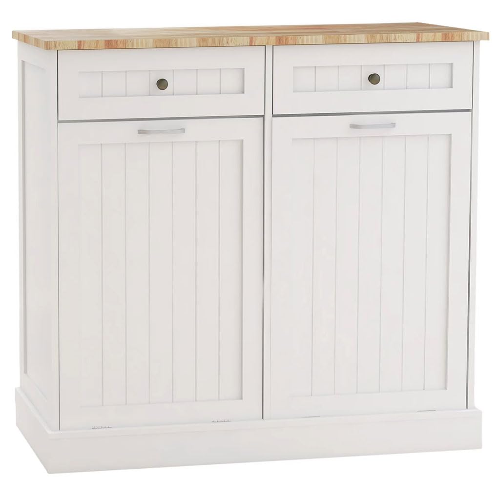 White Wooden Tilt Out Trash Can Cabinet with 2 Drawers C179