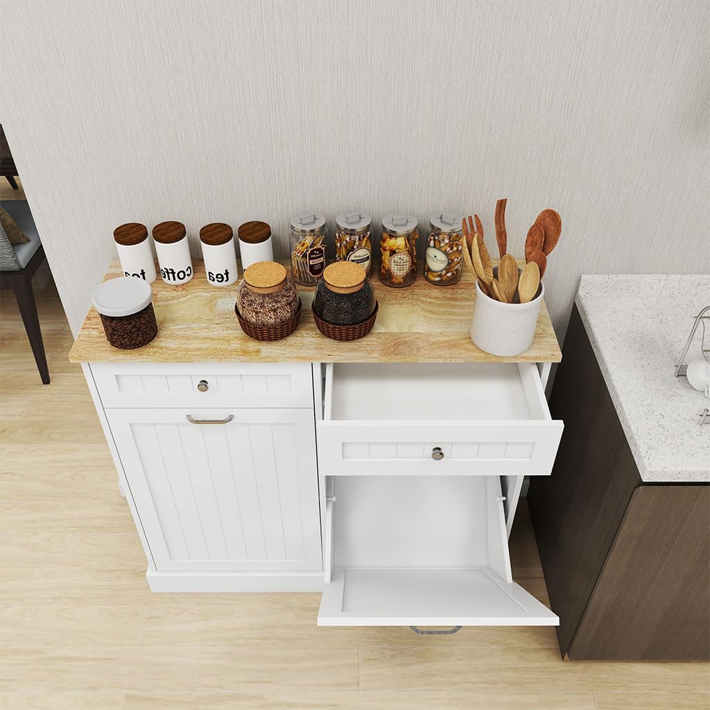 White Wooden Tilt Out Trash Can Cabinet with 2 Drawers C179