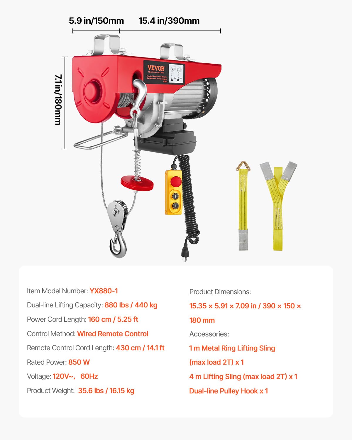 880lbs Electric Hoist with Wired Remote Control N53392
