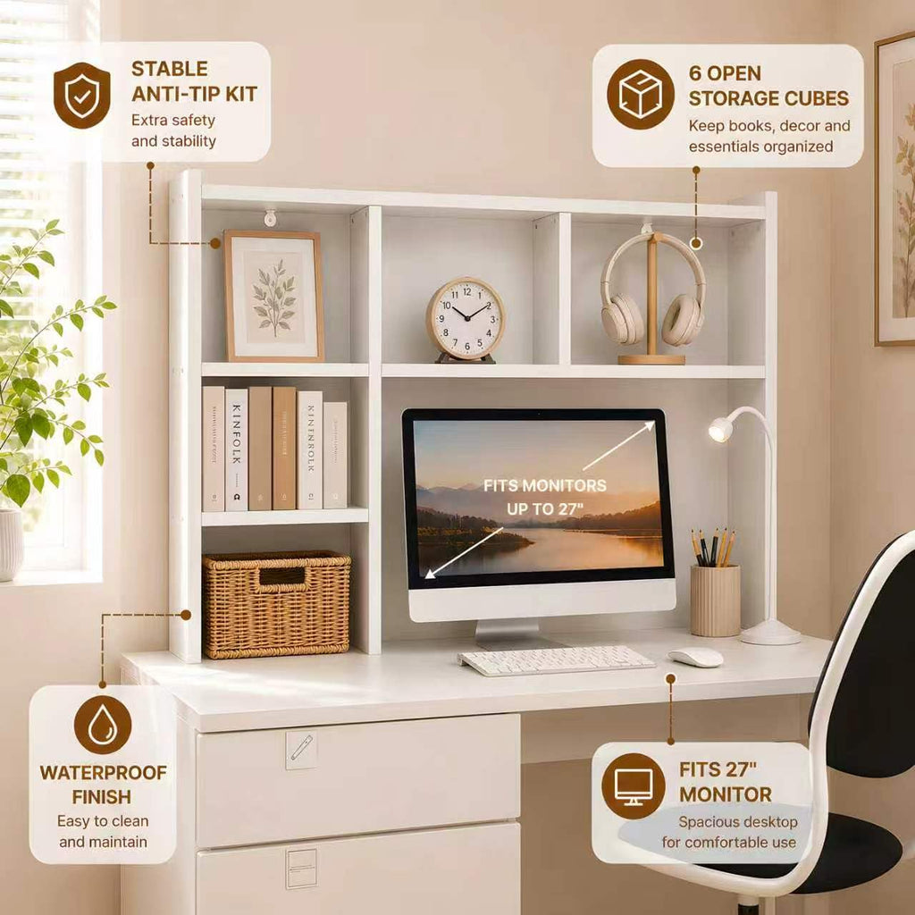 White Desk Hutch with 5 Shelves E4360