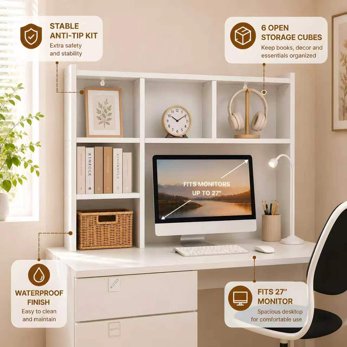 White Desk Hutch with 5 Shelves E4360