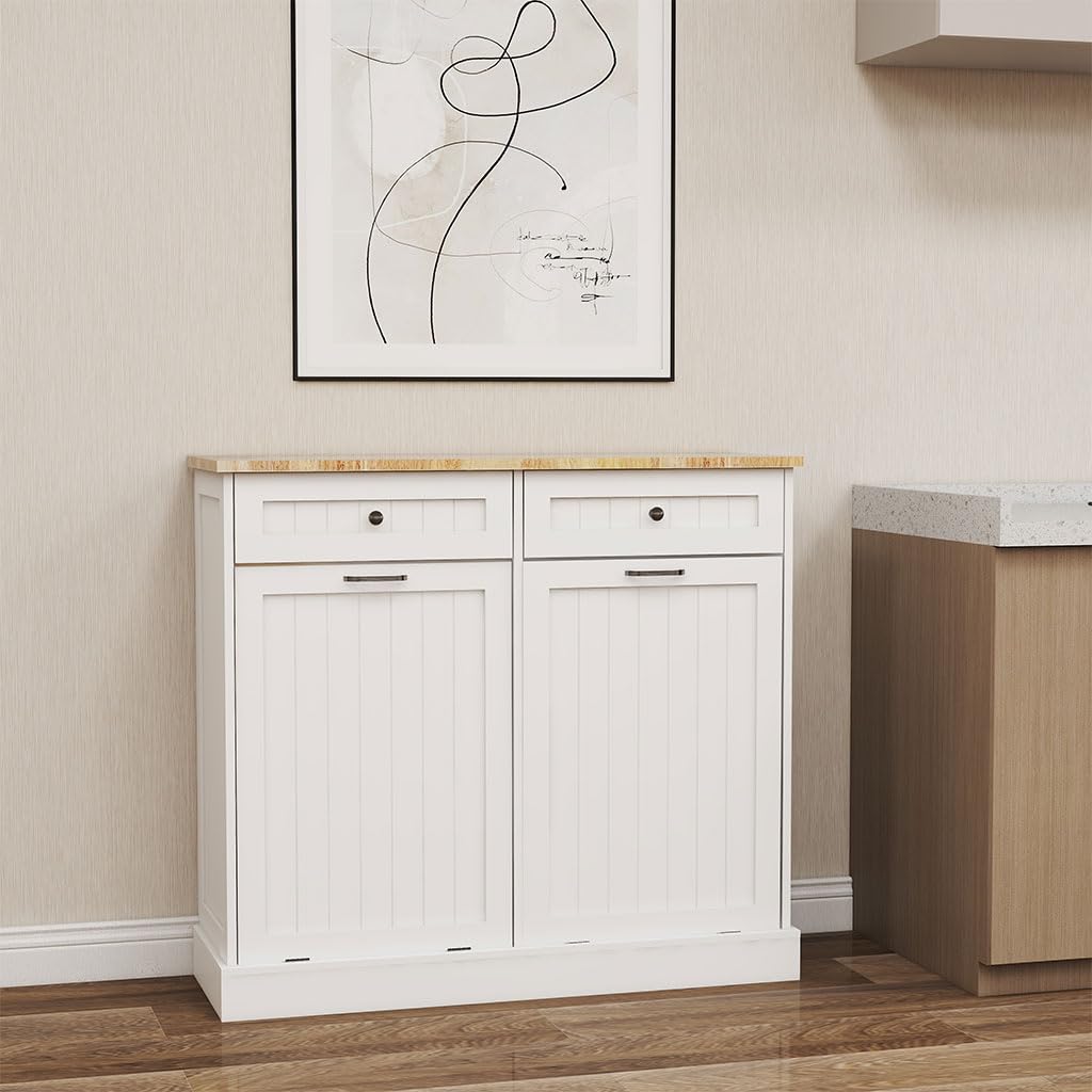 White Wooden Tilt Out Trash Can Cabinet with 2 Drawers C179