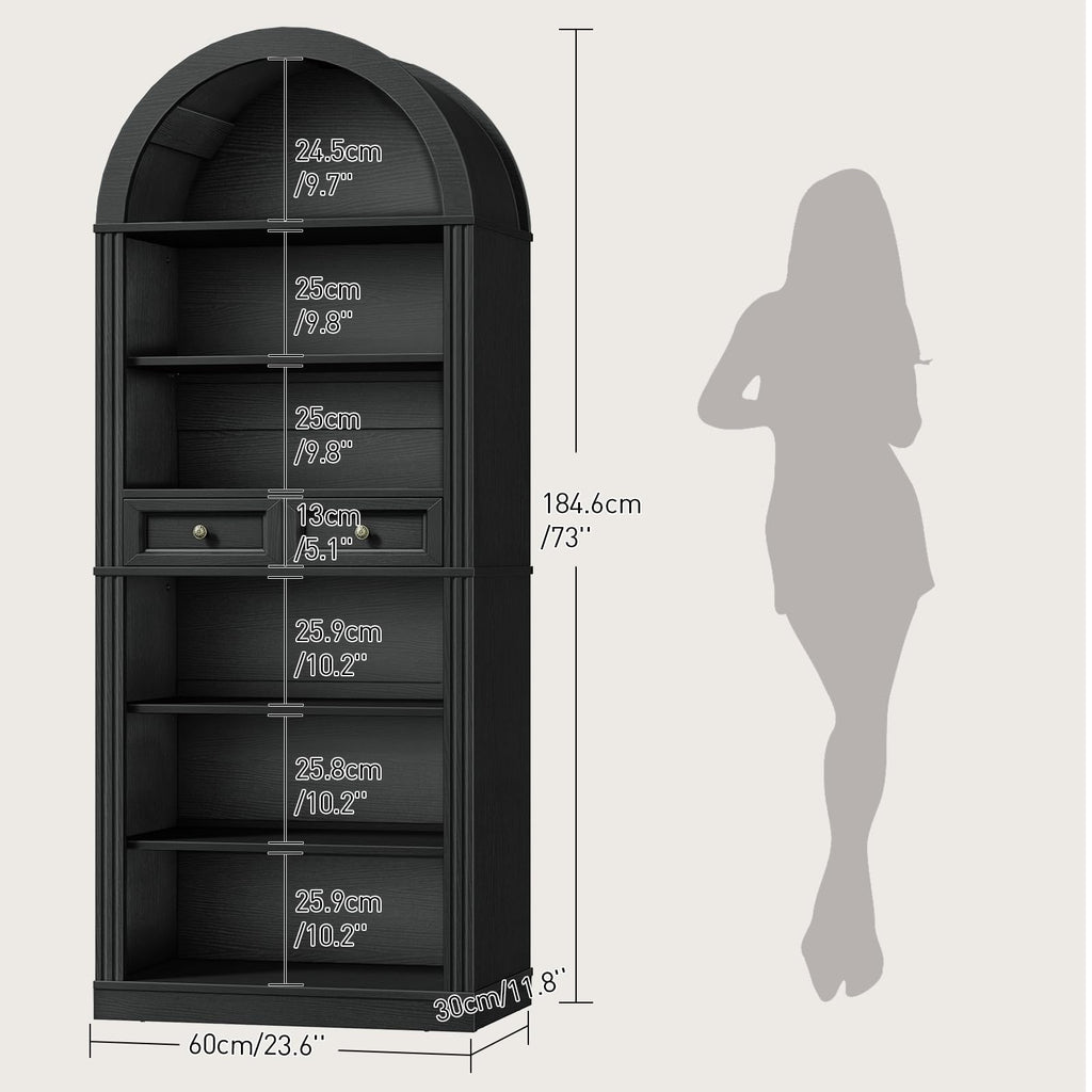73" Tall Black 6-Tier Wood Bookshelf with Drawer C951121