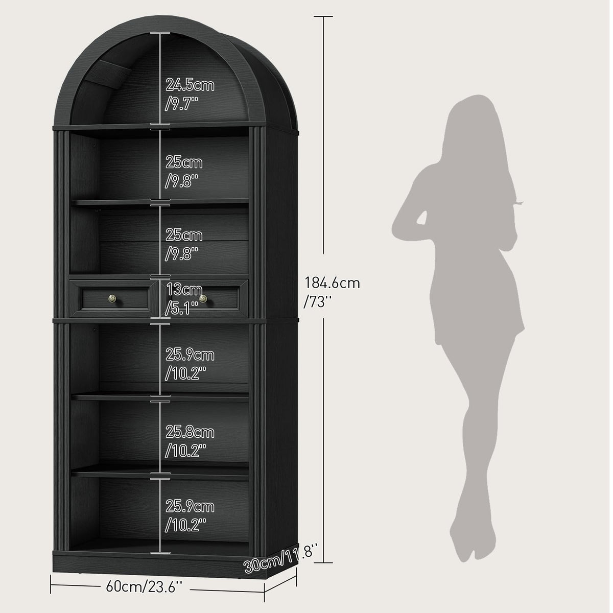 73" Tall Black 6-Tier Wood Bookshelf with Drawer C951121