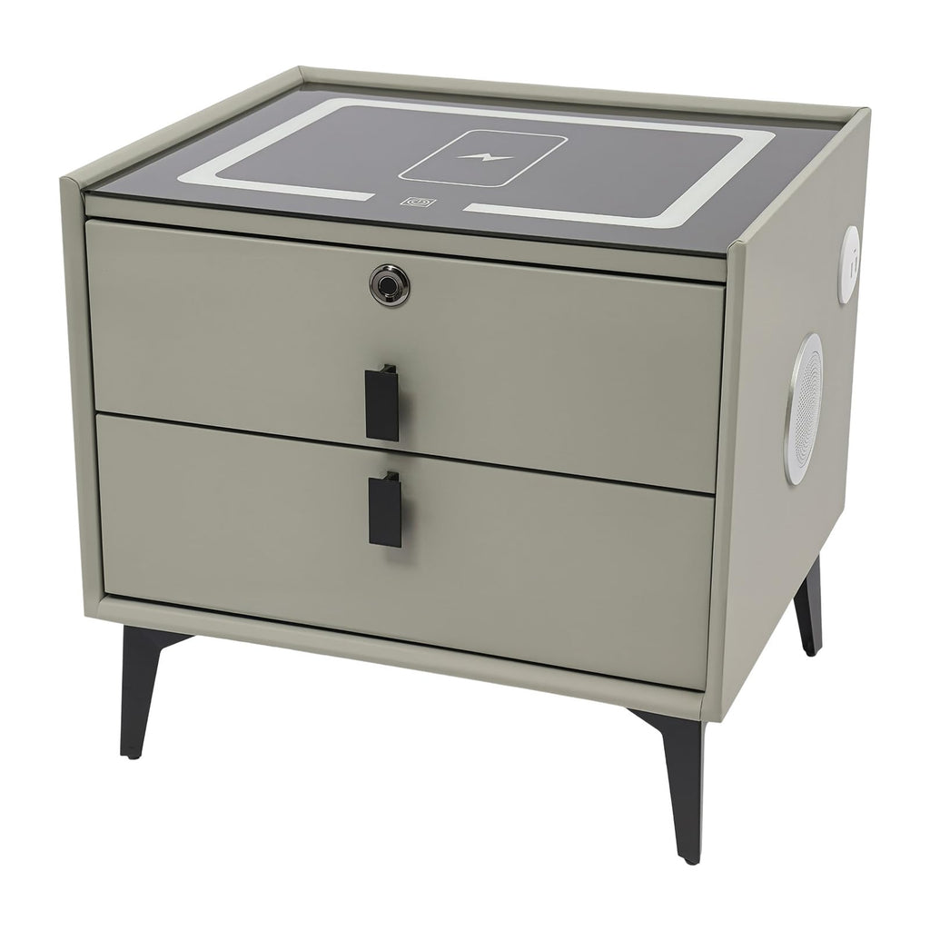 Light Gray Solid Wood Nightstand with Charging Station and 2 Drawers N20469