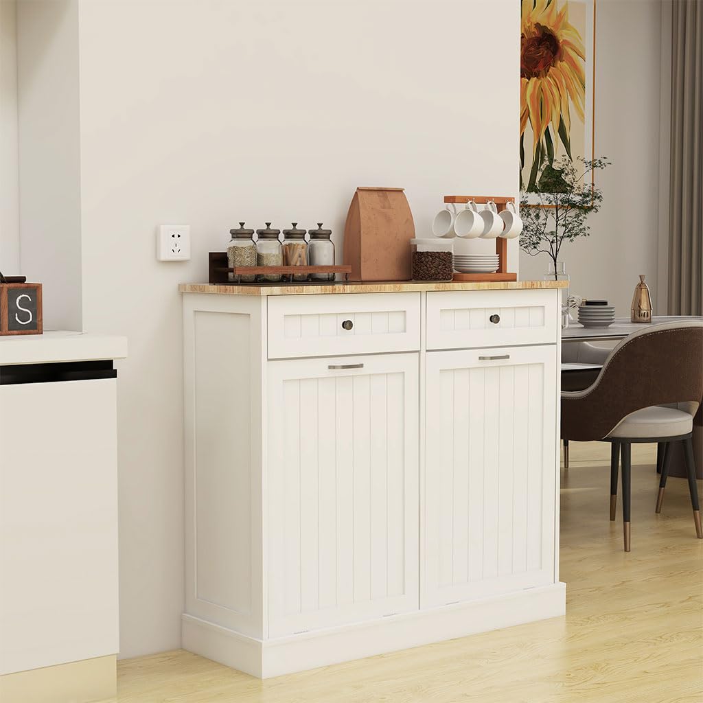 White Wooden Tilt Out Trash Can Cabinet with 2 Drawers C179