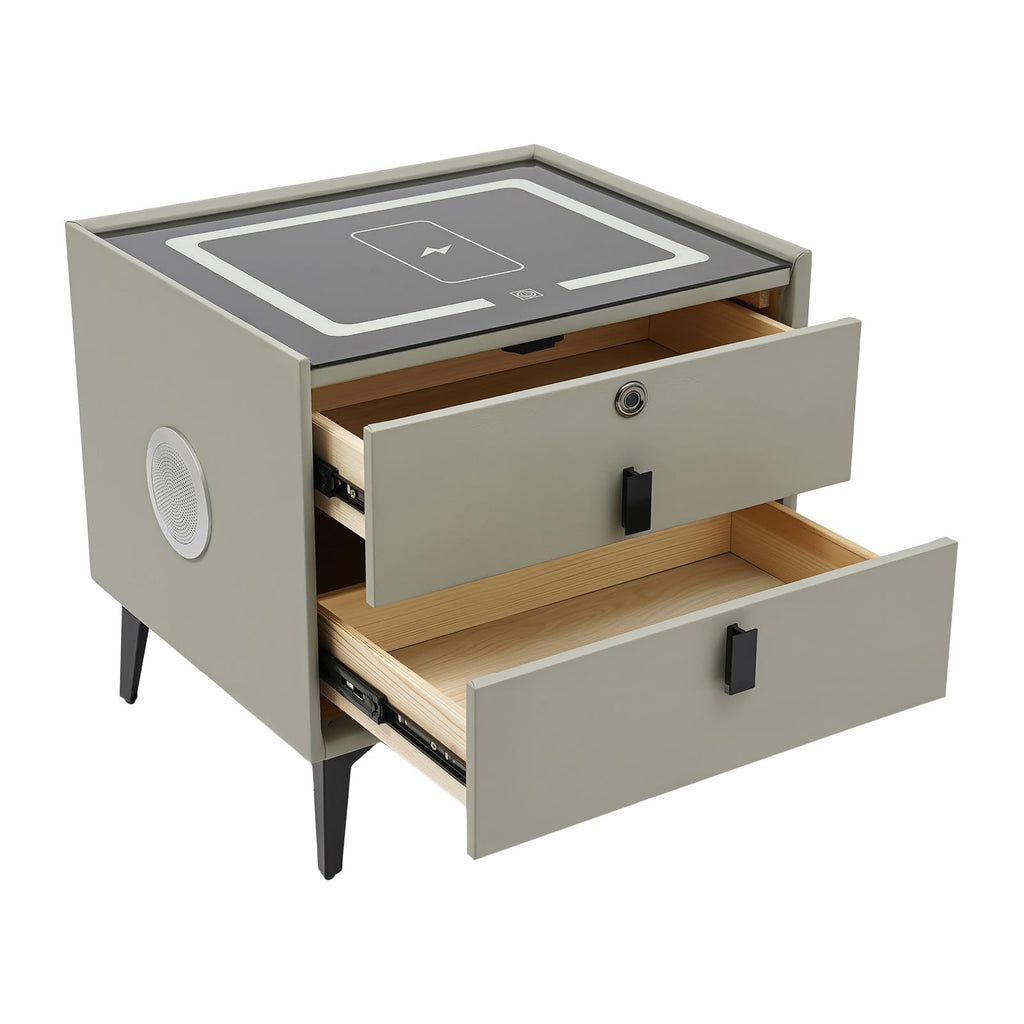 Light Gray Solid Wood Nightstand with Charging Station and 2 Drawers N20469