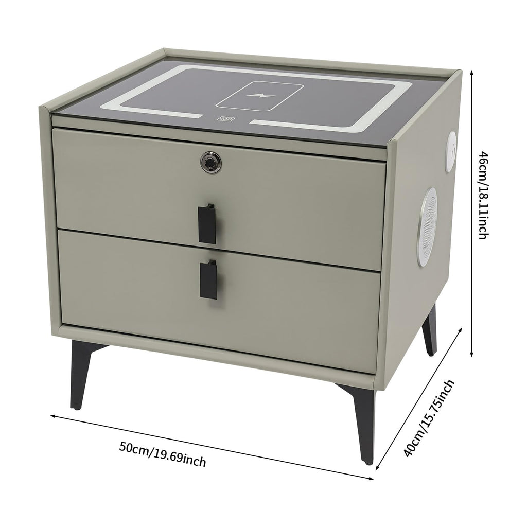 Light Gray Solid Wood Nightstand with Charging Station and 2 Drawers N20469
