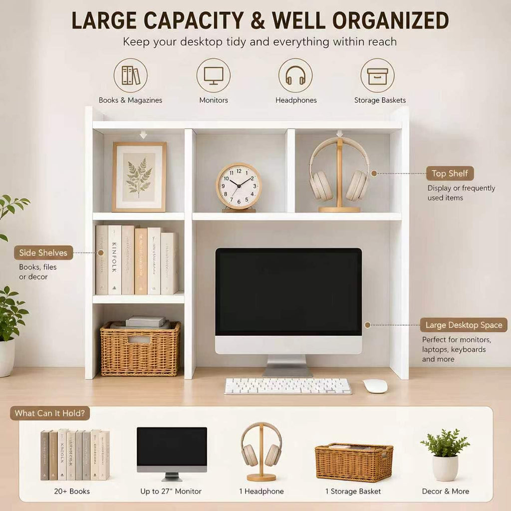 White Desk Hutch with 5 Shelves E4360