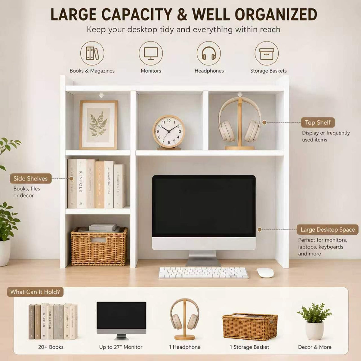 White Desk Hutch with 5 Shelves E4360