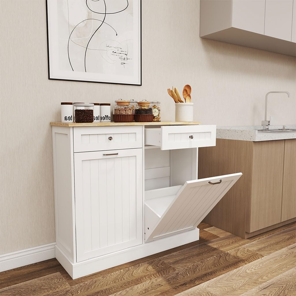 White Wooden Tilt Out Trash Can Cabinet with 2 Drawers C179