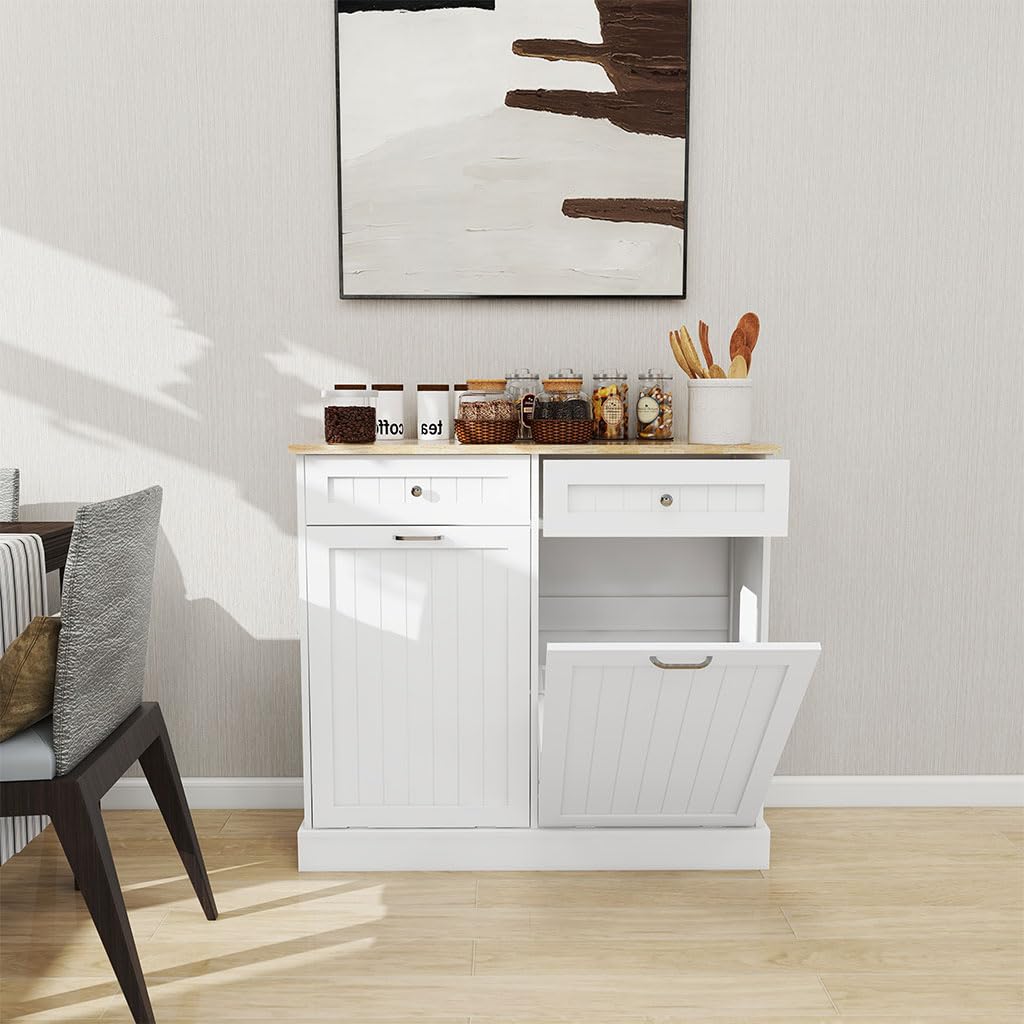 White Wooden Tilt Out Trash Can Cabinet with 2 Drawers C179