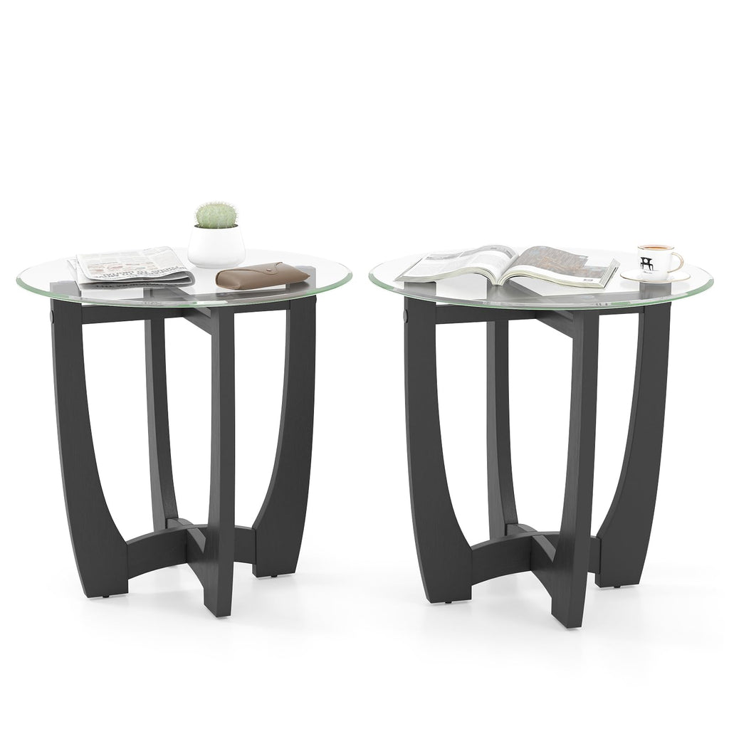 Glass Round End Table Set of 2, 23.5" Black Y908