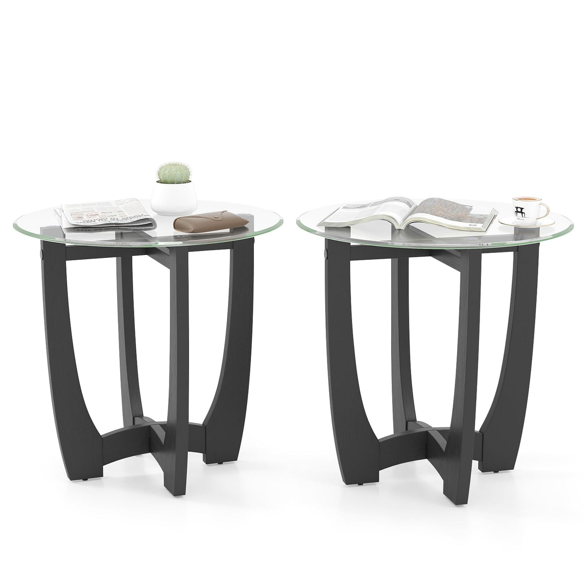 Glass Round End Table Set of 2, 23.5" Black Y908