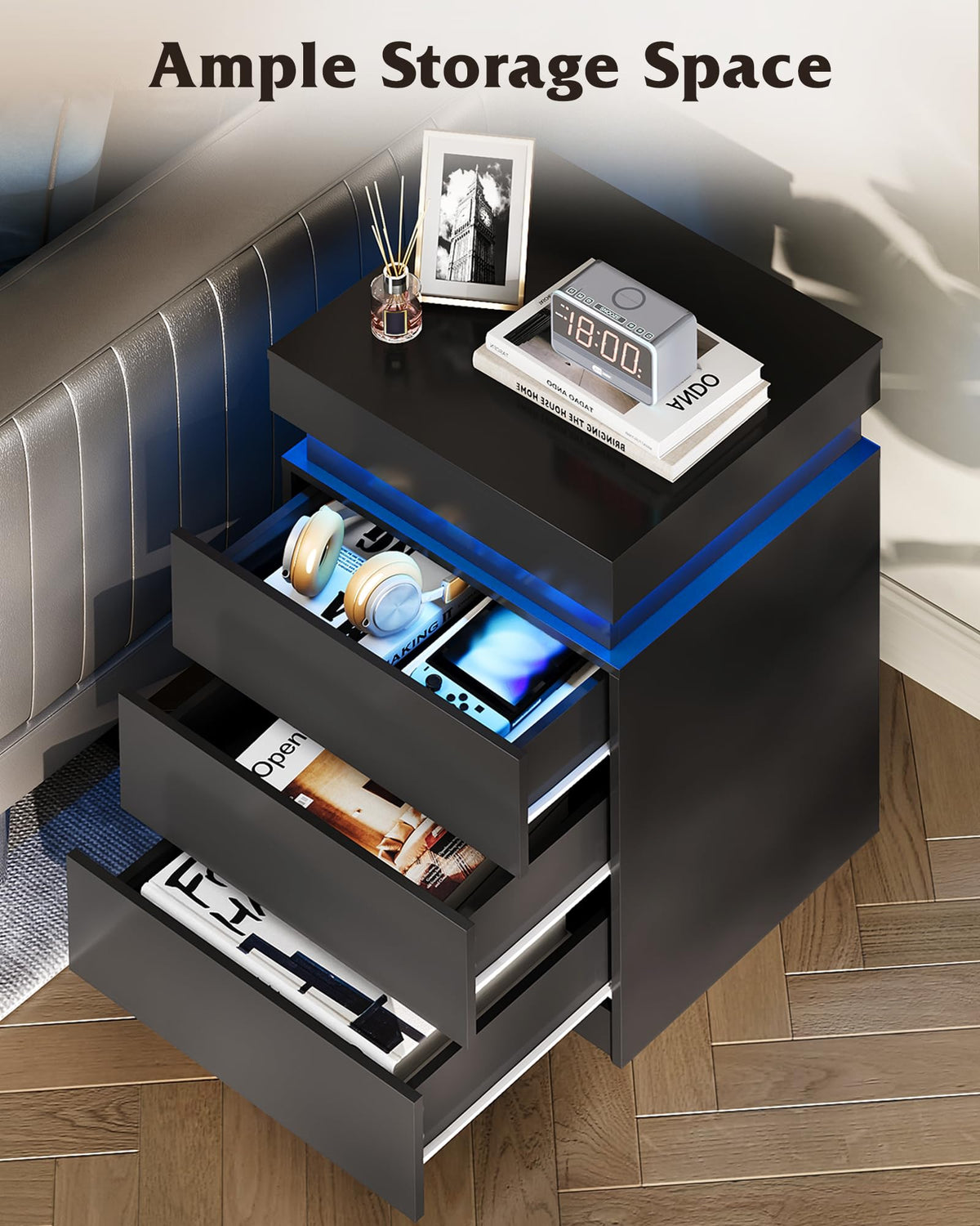 Black Nightstand with Charging Station B3865