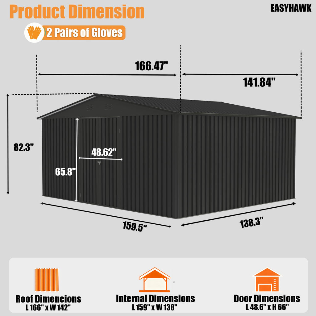 14x12 FT Metal Outdoor Storage Shed with Lockable Door B52393