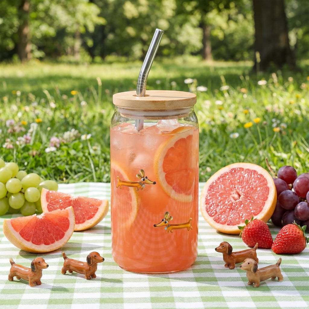 22 oz Dachshund Glass Cup with Lid Straw W795