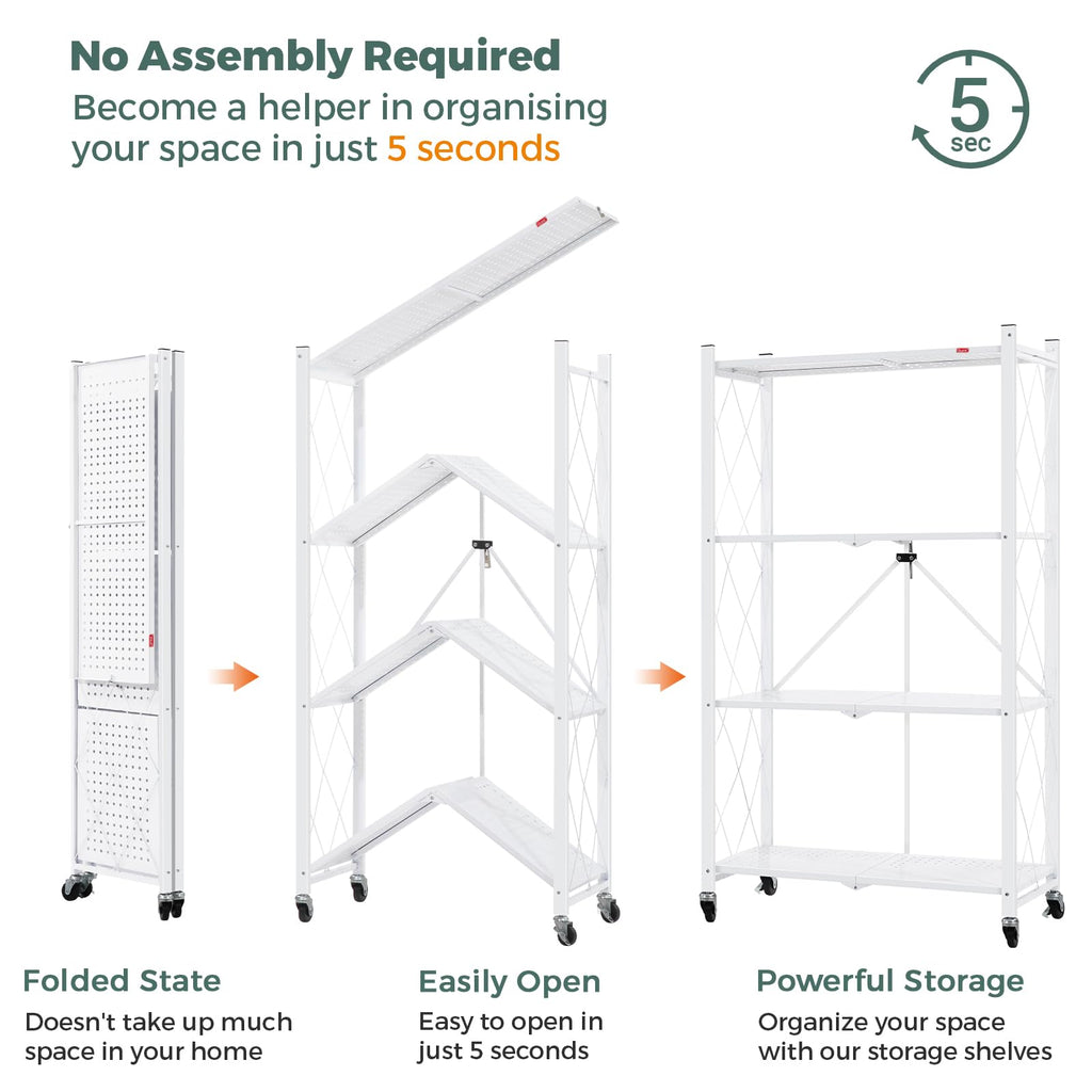 4 Tier White Metal Storage Shelves with Wheels L800