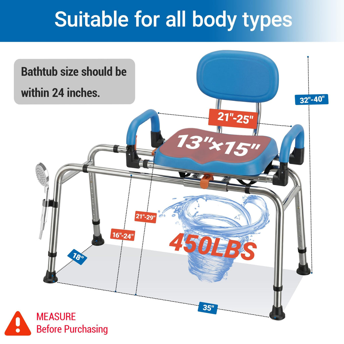 Sliding Shower Chair Tub Transfer Bench with 360° Swivel Seat K360888