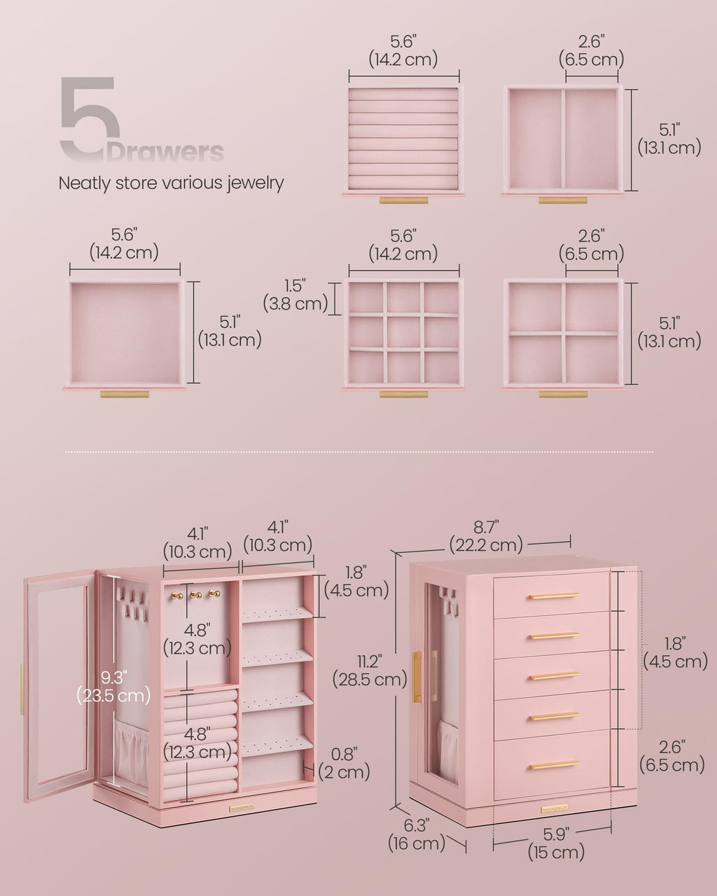 Jelly Pink 5 Drawers Rotating Jewelry Box Organizer X841876