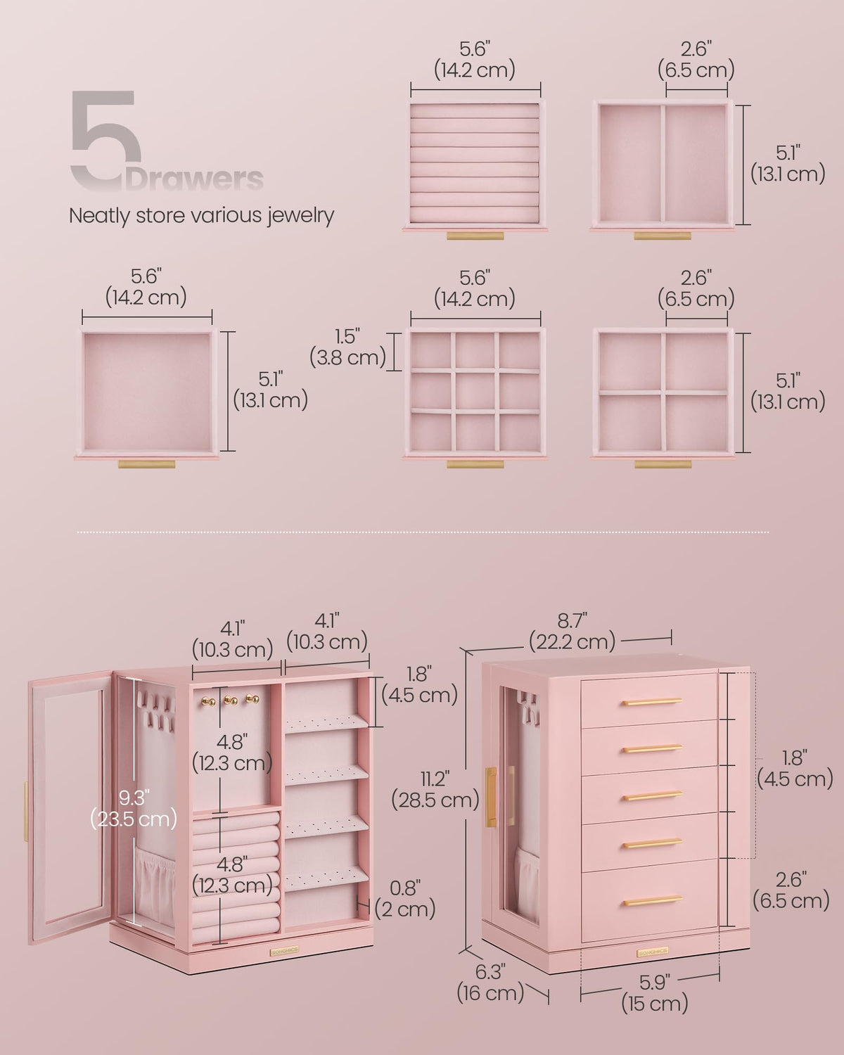 Jelly Pink 5 Drawers Rotating Jewelry Box Organizer X841876