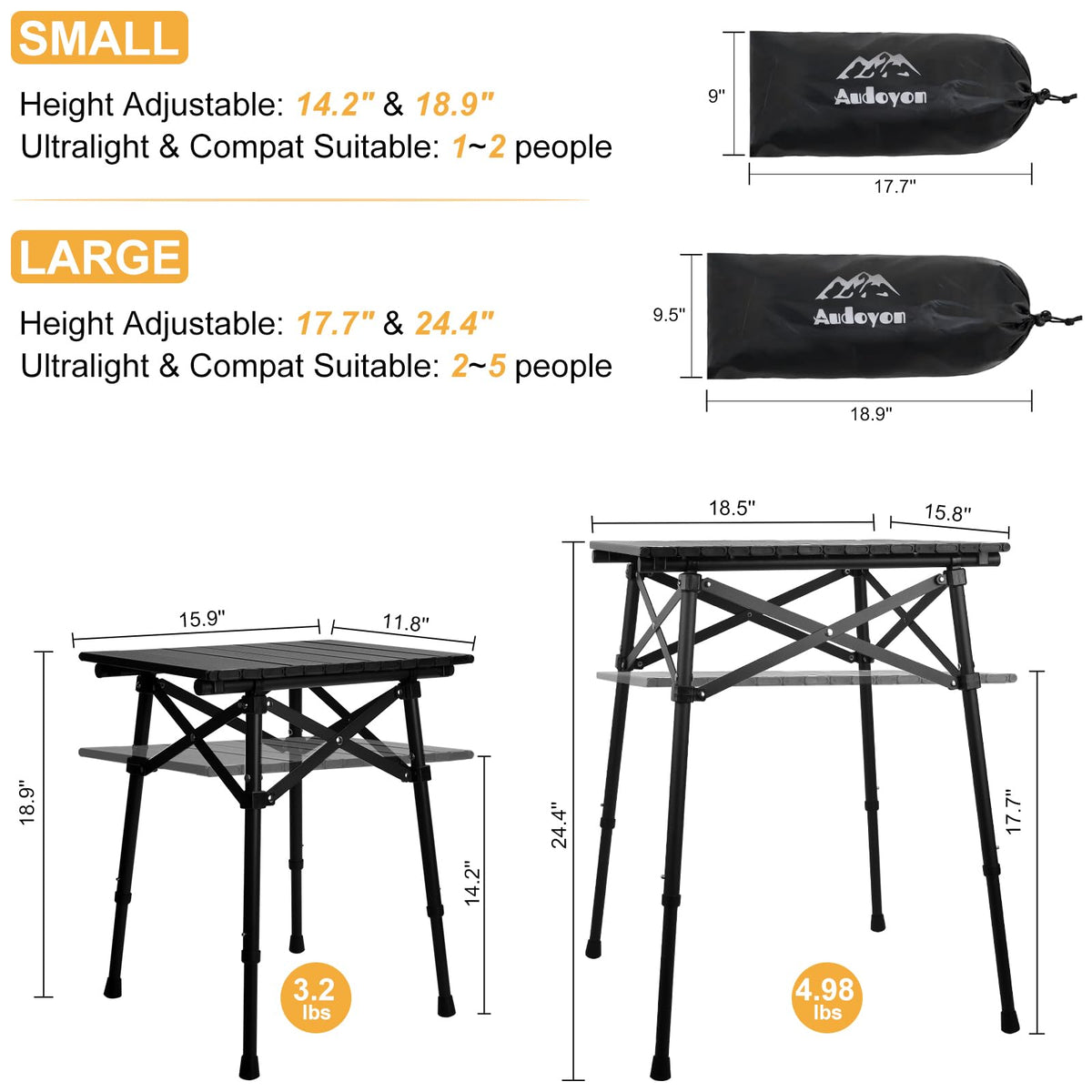 Folding Camping Side Table, Adjustable Height Q404