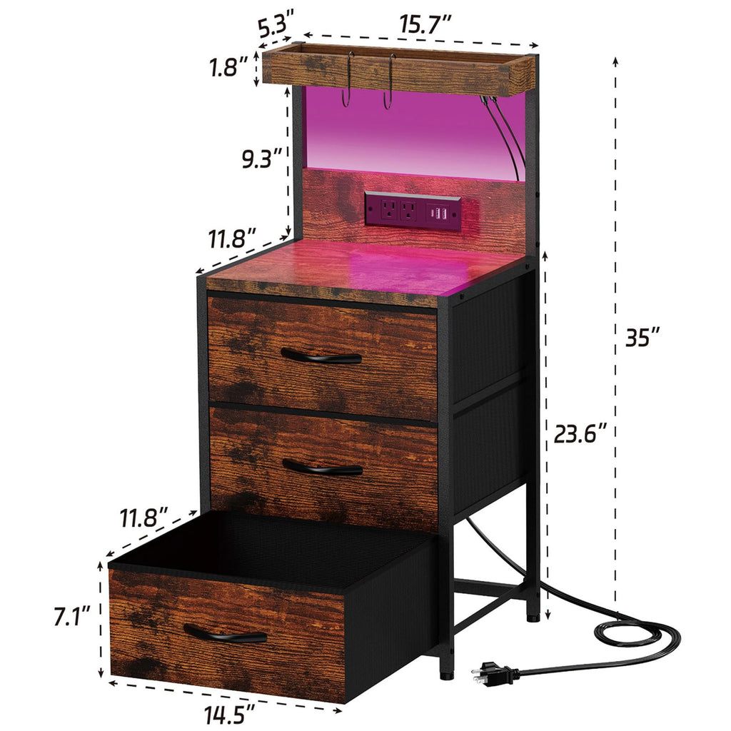 LED Nightstand with Charging Station 3 Fabric Drawers Z141446
