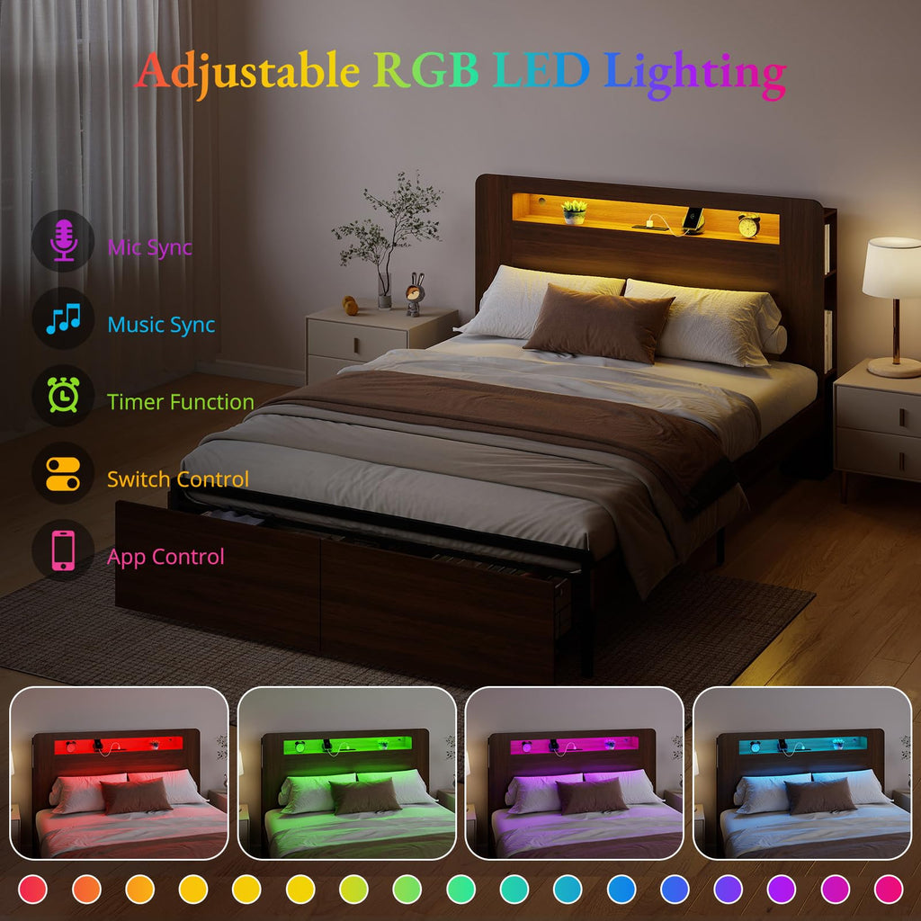 Wood Bed Frame Full with 2 Storage Drawers C5869