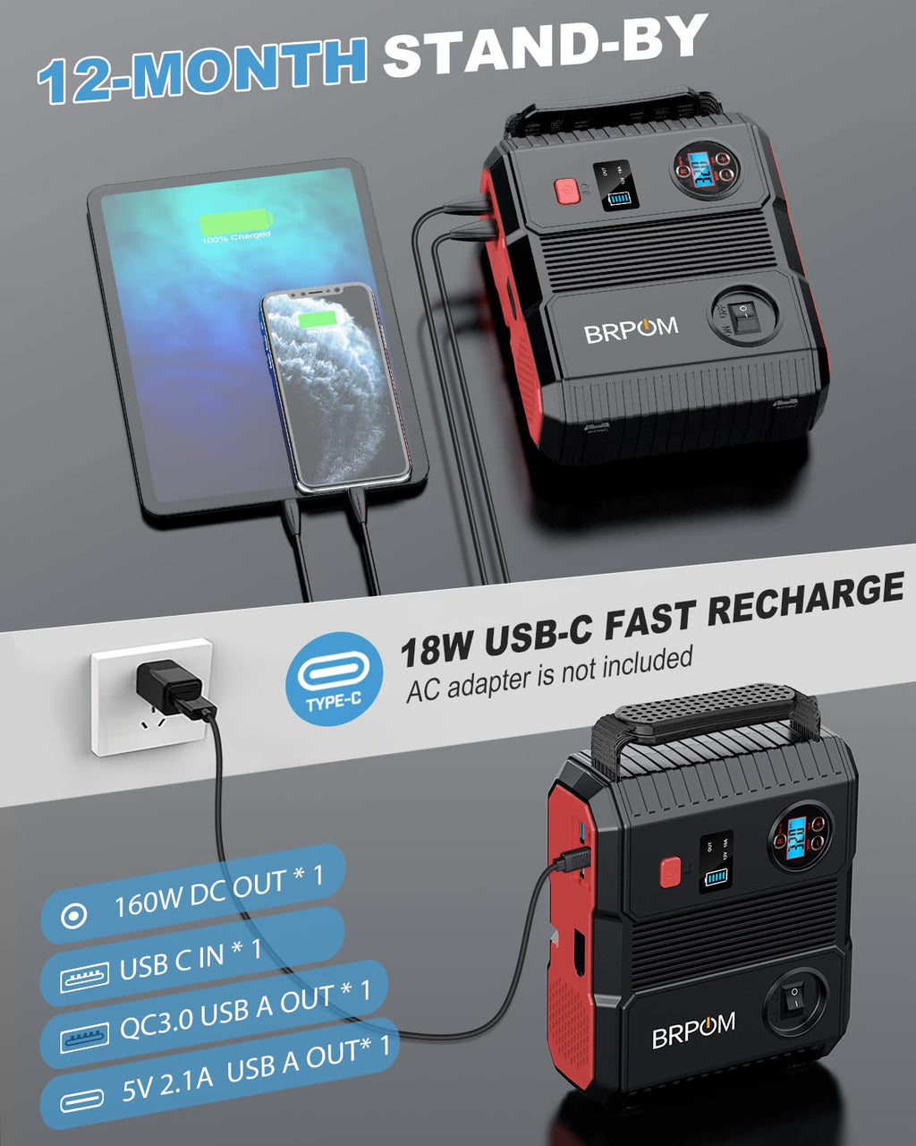 Car Jump Starter with Air Compressor 9000A Peak 26800mah 160PSI 12V U58517