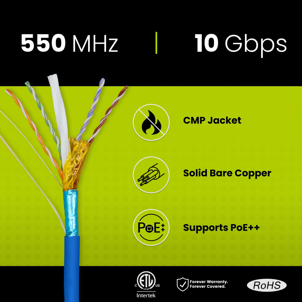 Cat6 Plenum Shielded 1000ft Blue 23AWG Solid Bare Copper Ethernet Cable A92594