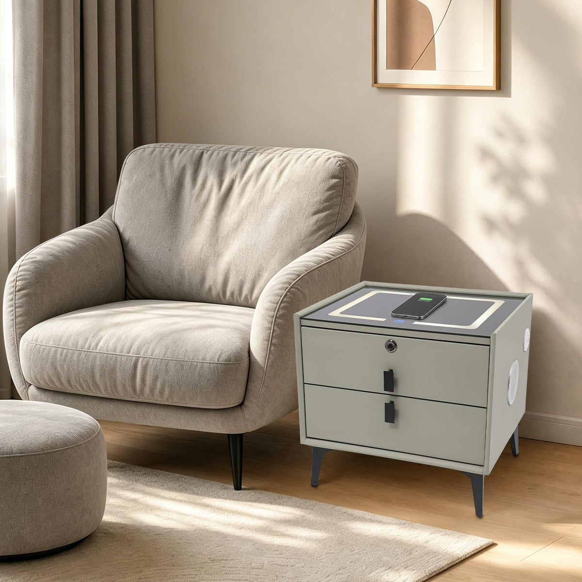 Light Gray Solid Wood Nightstand with Charging Station and 2 Drawers N20469