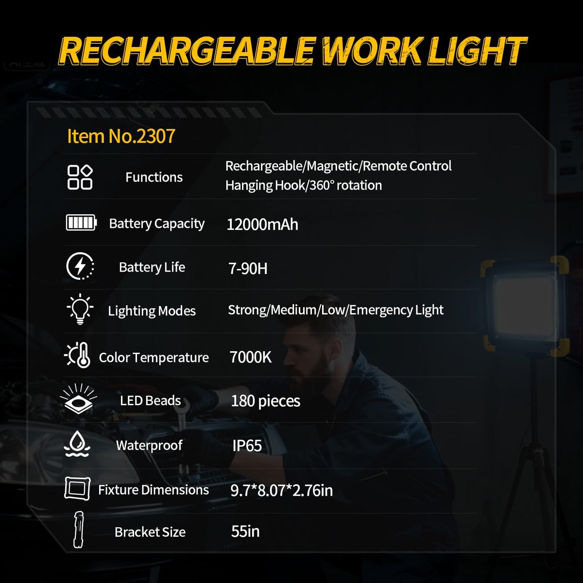 12000mAh Rechargeable LED Work Light with Stand B584