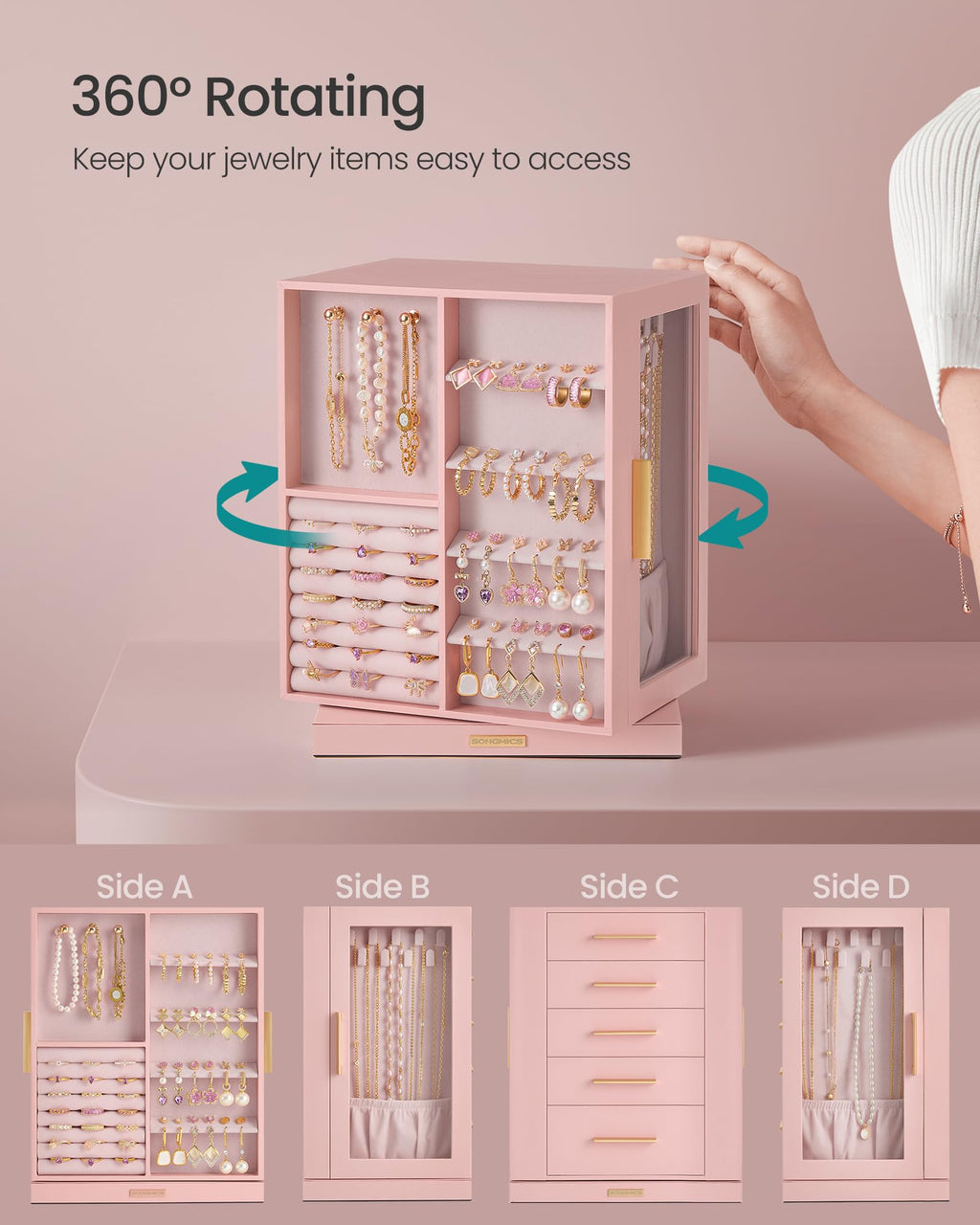 Jelly Pink 5 Drawers Rotating Jewelry Box Organizer X841876