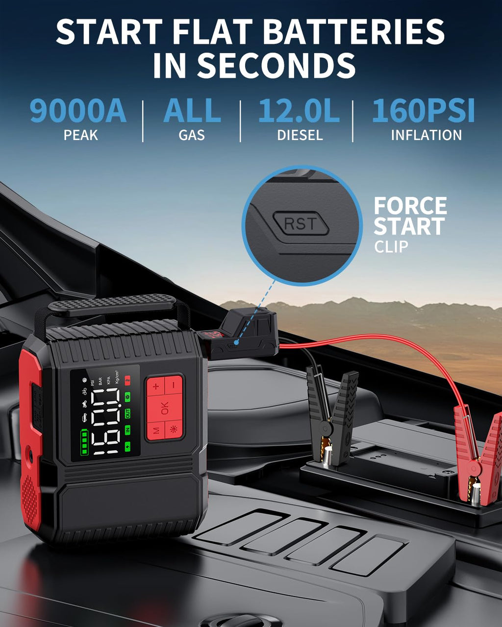 Car Jump Starter with Air Compressor 9000A Peak 26800mah 160PSI 12V U58517