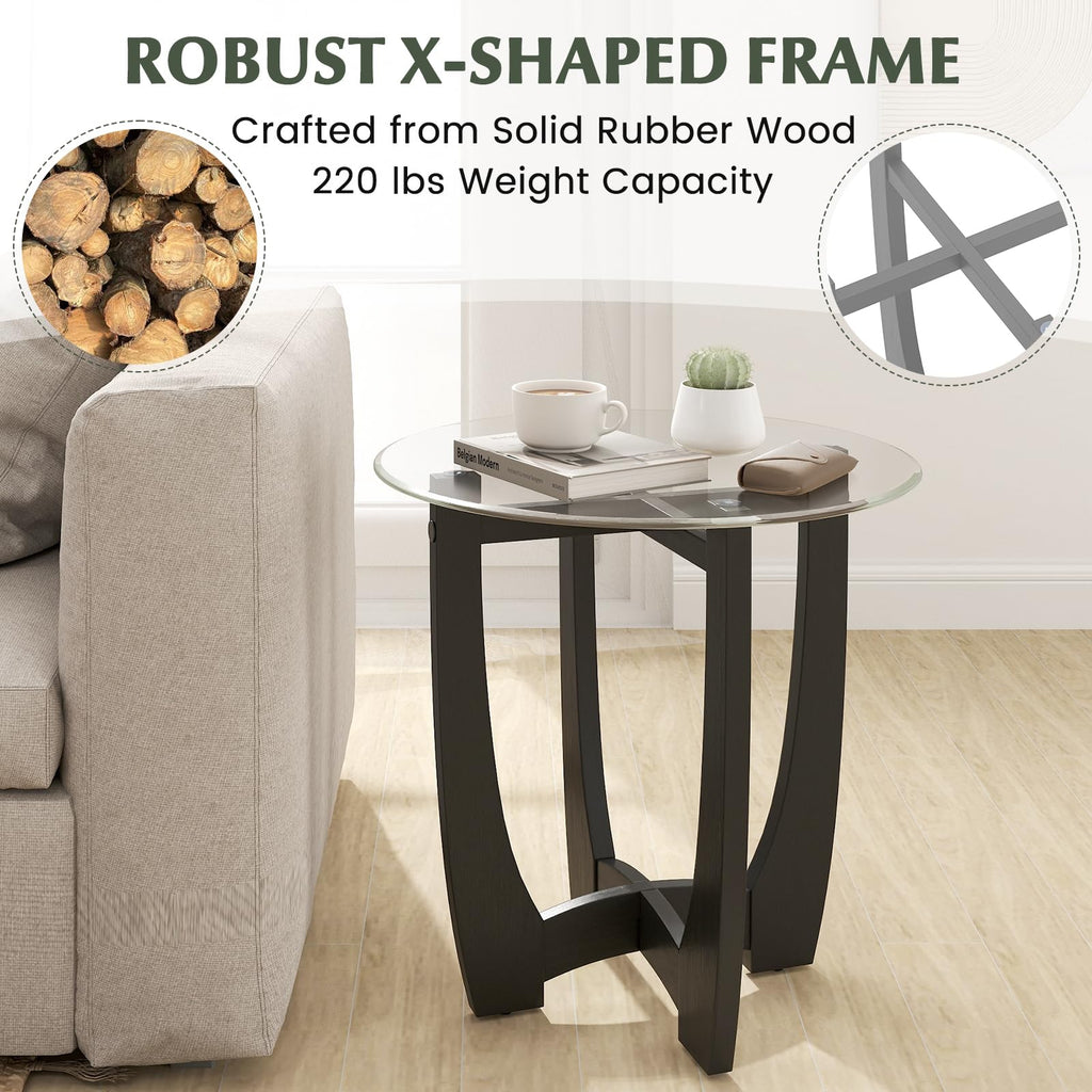Glass Round End Table Set of 2, 23.5" Black Y908