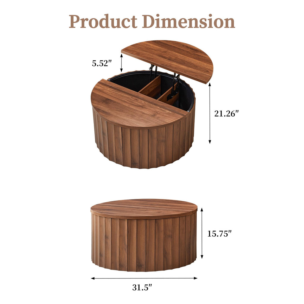 Fluted Round Lift Top Coffee Table with Storage Y103