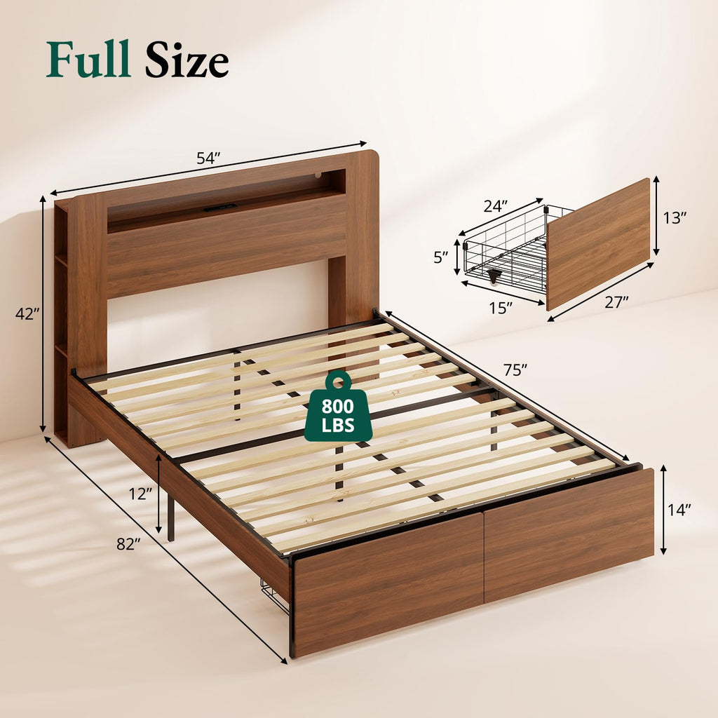 Wood Bed Frame Full with 2 Storage Drawers C5869