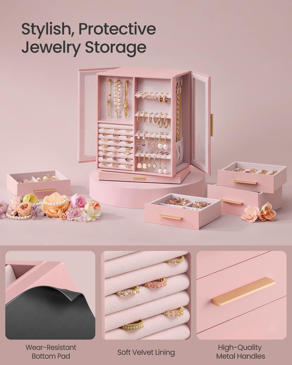 Jelly Pink 5 Drawers Rotating Jewelry Box Organizer X841876