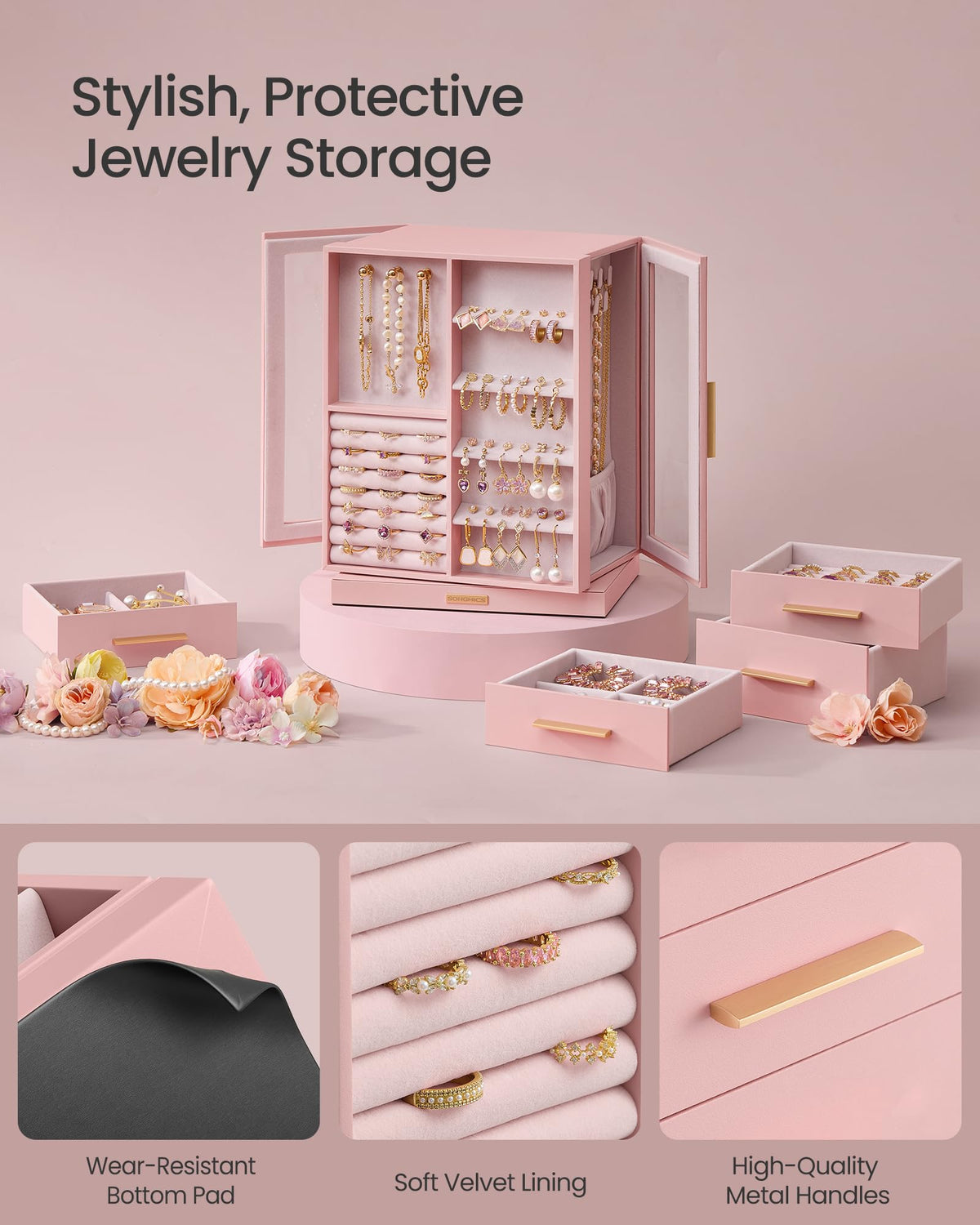 Jelly Pink 5 Drawers Rotating Jewelry Box Organizer X841876