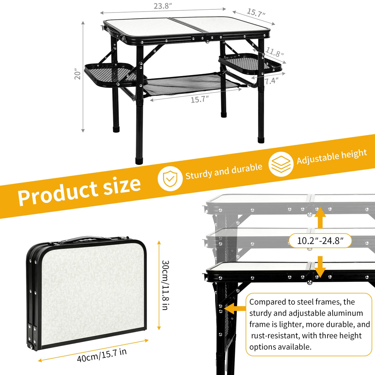 Folding Aluminum Camping Table 3-Height Adjustable with Carry Handle M4485