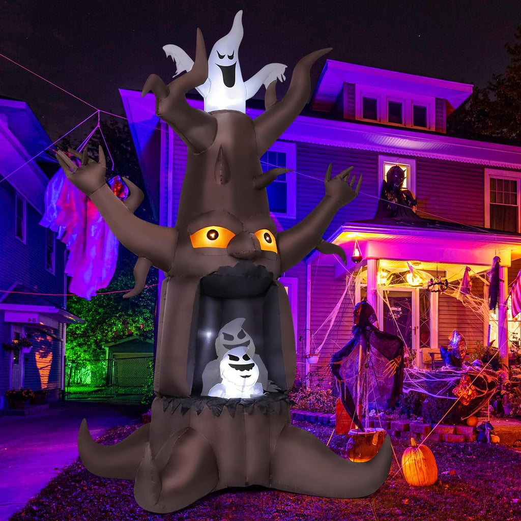 9 Ft Animated Inflatable Dead Tree and White Ghost with Built-In LEDs K77716