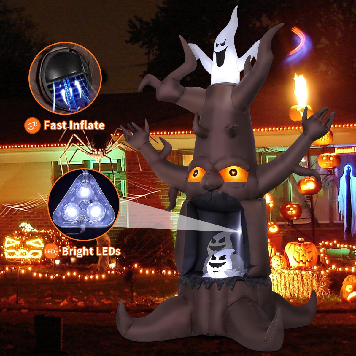 9 Ft Animated Inflatable Dead Tree and White Ghost with Built-In LEDs K77716