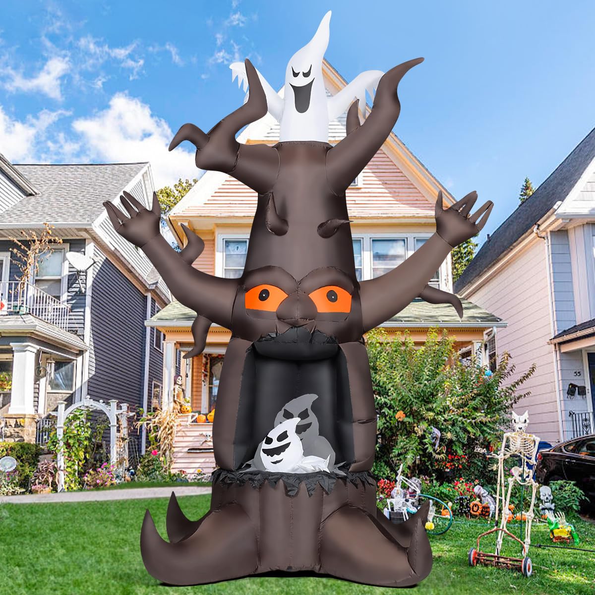 9 Ft Animated Inflatable Dead Tree and White Ghost with Built-In LEDs K77716