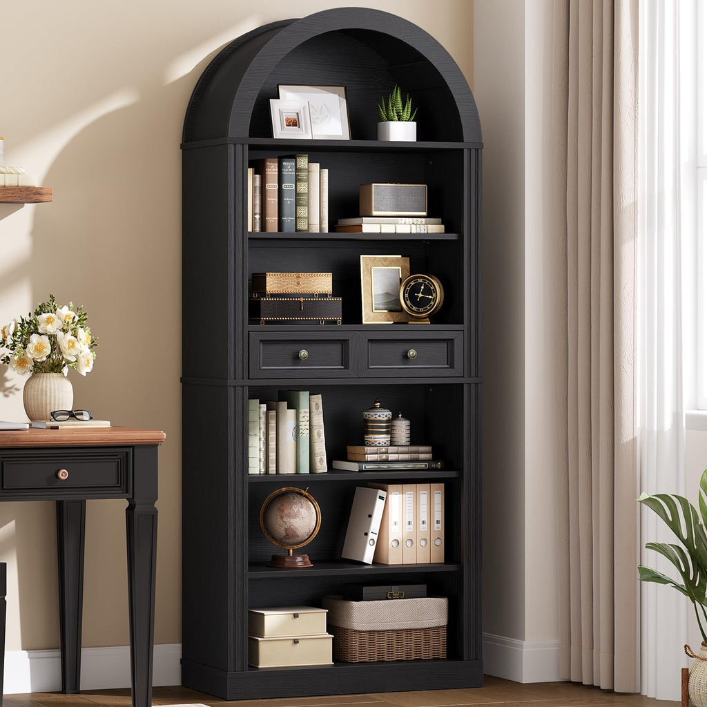 73" Tall Black 6-Tier Wood Bookshelf with Drawer C951121