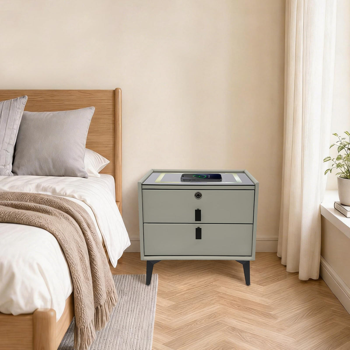 Light Gray Solid Wood Nightstand with Charging Station and 2 Drawers N20469