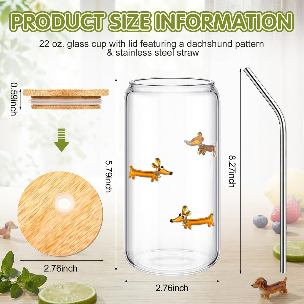 22 oz Dachshund Glass Cup with Lid Straw W795