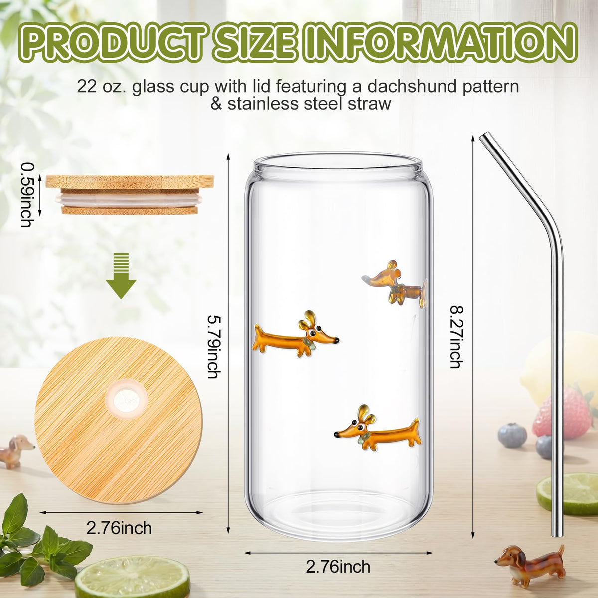 22 oz Dachshund Glass Cup with Lid Straw W795