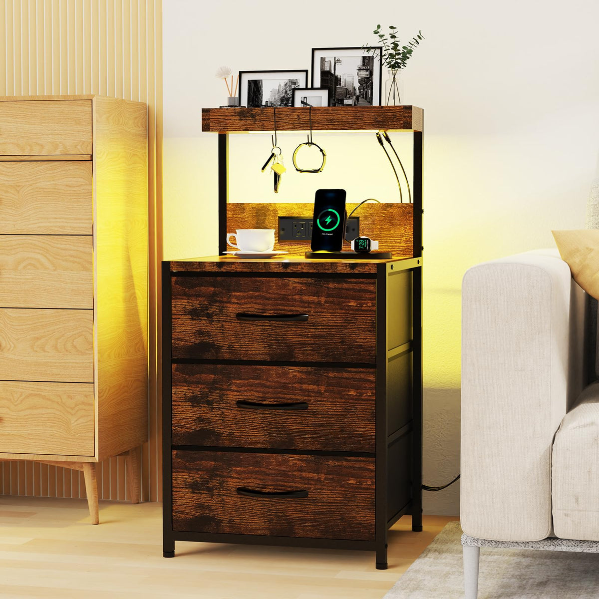 LED Nightstand with Charging Station 3 Fabric Drawers Z141446