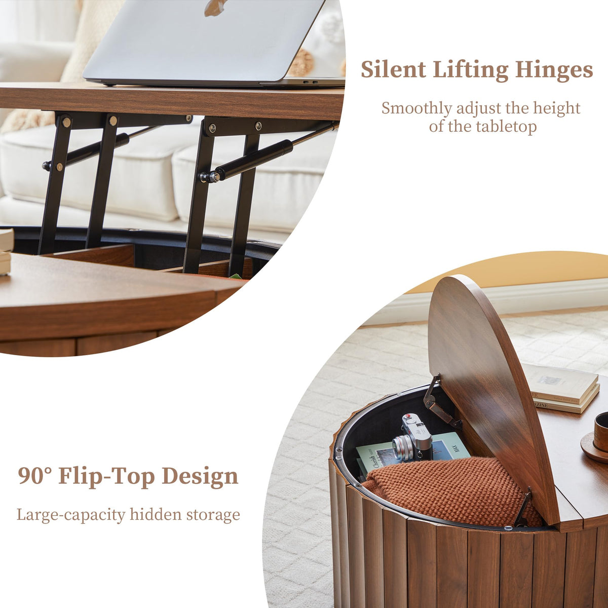 Fluted Round Lift Top Coffee Table with Storage Y103